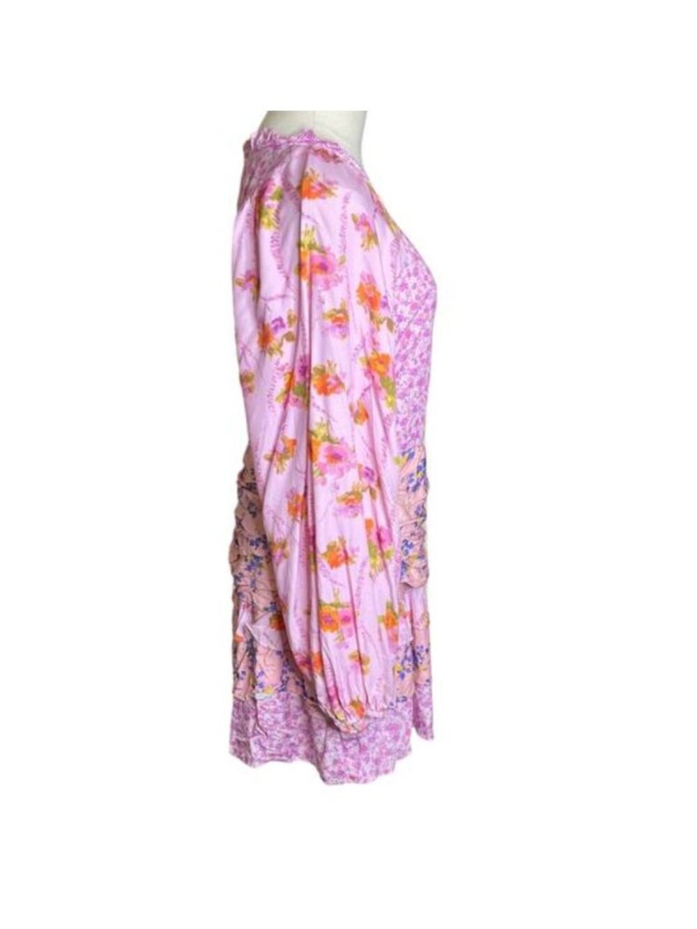 Pink Ripple Floral Ruched Mini Dress Medium Pink V Neck Ruffle Flounce Boho - Picture 10 of 16